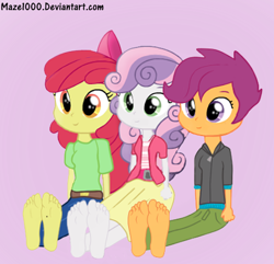 Size: 490x472 | Tagged: safe, artist:maze1000, apple bloom, scootaloo, sweetie belle, equestria girls, barefoot, clothes, cutie mark crusaders, feet, foot fetish, foot focus, sitting, smiling