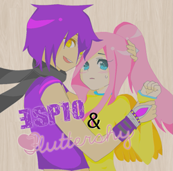 Size: 773x768 | Tagged: safe, artist:shiro-d4eznfm, artist:shizuarisugawa, derpibooru import, fluttershy, human, blushing, crossover, crossover shipping, espio the chameleon, female, heart, humanized, interspecies, love, male, shipping, sonic the hedgehog (series), straight, winged humanization