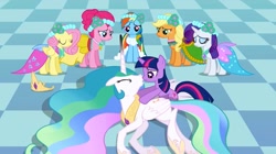 Size: 1255x702 | Tagged: safe, screencap, applejack, fluttershy, pinkie pie, princess celestia, rainbow dash, rarity, twilight sparkle, alicorn, earth pony, pegasus, pony, unicorn, a canterlot wedding, bridesmaid dress, clothes, dress, mane six, out of context, royal wedding, sad