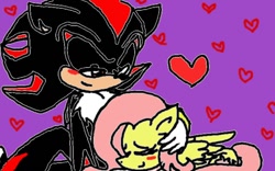 Size: 640x400 | Tagged: safe, artist:xtremelaur, derpibooru import, fluttershy, pegasus, pony, blushing, crossover, crossover shipping, female, fluttershadow, heart, interspecies, love, male, ms paint, shadow the hedgehog, shipping, sleeping, sonic the hedgehog (series), straight