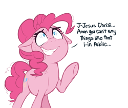 Size: 1010x851 | Tagged: safe, artist:higglytownhero, derpibooru import, pinkie pie, earth pony, pony, cute, dialogue, diapinkes, featured image, female, floppy ears, grin, implied anon, mare, nervous, nervous grin, no pupils, out of context, reaction image, simple background, smiling, solo, sweat, white background