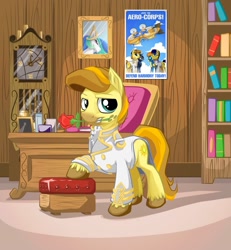 Size: 1388x1500 | Tagged: safe, artist:mysticalpha, princess celestia, oc, alicorn, pony, book, bookcase, clock, clothes, desk, office, rose