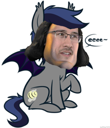 Size: 570x664 | Tagged: safe, artist:higglytownhero, derpibooru import, edit, oc, oc only, oc:echo, bat pony, pony, dialogue, e meme, eeee, markiplier, meme, open mouth, raised hoof, shitposting, simple background, sitting, smiling, solo, spread wings, tail, tilde, wat, white background, wings