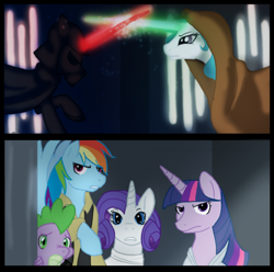 Size: 1000x993 | Tagged: safe, artist:cartoonlion, princess celestia, princess luna, rainbow dash, rarity, spike, twilight sparkle, alicorn, dragon, pegasus, pony, unicorn, chewbacca, crossover, darth vader, han solo, horns are touching, luke skywalker, obi wan kenobi, princess leia, star wars