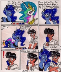 Size: 821x973 | Tagged: safe, artist:newyorkx3, princess celestia, princess luna, human, comic, popsicle, prank, self insert, tongue out, traditional art, watermark