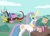 Size: 2767x1998 | Tagged: safe, artist:erinbaka1090, discord, pinkie pie, princess celestia, alicorn, earth pony, pony, food, laughing, pie, prank, present, spring loaded pie, this will end in tears and/or a journey to the moon, unamused