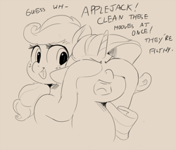 Size: 1000x850 | Tagged: safe, artist:sirmasterdufel, applejack, rarity, earth pony, pony, unicorn, angry, dialogue, guess who, monochrome, peekaboo, simple background, this will end in tears and/or death