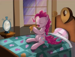 Size: 7424x5632 | Tagged: safe, artist:kwendynew, derpibooru import, pinkie pie, earth pony, pony, absurd resolution, bed, cream, eating, food, pancakes, solo