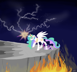 Size: 2350x2220 | Tagged: safe, artist:runningnorth, princess celestia, twilight sparkle, alicorn, pony, badass, cliff, female, fire, mama bear, mare, momlestia, protecting