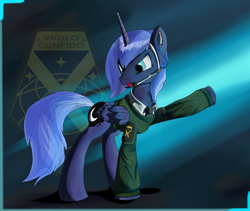 Size: 3000x2531 | Tagged: dead source, safe, artist:steptrool, princess luna, alicorn, pony, clothes, gamer luna, solo, x-com