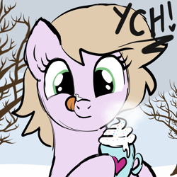 Size: 2100x2100 | Tagged: safe, artist:lannielona, pony, advertisement, bare tree, chocolate, commission, cream, cross-eyed, food, hot chocolate, hot drink, licking, licking lips, mountain, mug, sketch, smiling, snow, solo, steam, tongue out, tree, whipped cream, your character here