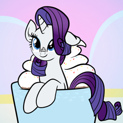 Size: 2100x2100 | Tagged: safe, artist:sjart117, derpibooru import, rarity, pony, unicorn, cafe, chocolate, cream, cup, cup of pony, cute, female, food, hair over one eye, hot chocolate, hot coco, mare, marshmallow, mug, ponies in food, raribetes, rarity is a marshmallow, solo, sprinkles, whipped cream