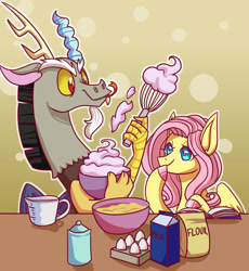 Size: 1280x1392 | Tagged: safe, artist:jagga-chan, derpibooru import, discord, fluttershy, draconequus, pegasus, pony, abstract background, book, bust, colored hooves, cooking, cream, discoshy, dough, egg, egg beater, female, flour, licking, looking at something, male, mare, measuring cup, milk, shipping, smiling, straight, tongue out