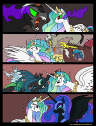 Size: 2684x3486 | Tagged: safe, artist:redapropos, discord, king sombra, nightmare moon, princess celestia, queen chrysalis, alicorn, changeling, changeling queen, pony, umbrum, unicorn, antagonist, comic, dark magic, fall of the crystal empire, sombra eyes