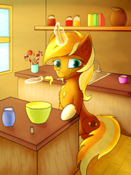 Size: 960x1280 | Tagged: safe, artist:kripperok, caramel, oc, unicorn, candies, candy, cream, female, food, kitchen, mare, original character do not steal, room, sweets, table, unicorn oc