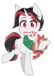 Size: 659x930 | Tagged: safe, artist:higglytownhero, derpibooru import, oc, oc only, oc:ace high, pony, unicorn, candy, candy cane, digital art, female, food, male, present, red eyes, signature, simple background, solo, stallion, transparent background, ych result