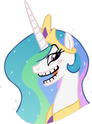 Size: 672x901 | Tagged: safe, artist:colossalstinker, princess celestia, alicorn, pony, bust, female, lidded eyes, looking at you, mare, open mouth, portrait, raised eyebrow, simple background, smirk, solo, transparent background, trollestia, trollface