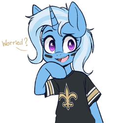 Size: 1181x1240 | Tagged: safe, artist:higglytownhero, derpibooru import, trixie, pony, unicorn, american football, clothes, cute, dialogue, diatrixes, female, jersey, mare, new orleans saints, nfl, nfl playoffs, open mouth, shirt, simple background, solo, sports, white background