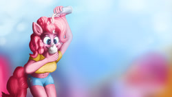 Size: 1920x1080 | Tagged: safe, artist:stann.co, derpibooru import, pinkie pie, anthro, belly button, clothes, cream, cupcake, digital art, food, midriff, muffin, painting, photoshop, pie, pinup, short shirt, shorts, sugarcube corner, wallpaper, whipped