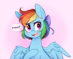 Size: 2200x1794 | Tagged: safe, artist:higglytownhero, derpibooru import, rainbow dash, pegasus, pony, blushing, bow, cute, dashabetes, dialogue, exclamation point, female, hair bow, interrobang, mare, question mark, short hair, short hair rainbow dash, solo, speech bubble, tsunderainbow, tsundere, wing fluff