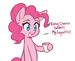 Size: 593x481 | Tagged: safe, artist:higglytownhero, derpibooru import, pinkie pie, earth pony, pony, cup, cute, dialogue, diapinkes, easy cheese, female, hoof hold, mare, simple background, smiling, soda, solo, white background