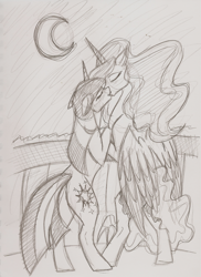 Size: 900x1235 | Tagged: safe, artist:100yearslater, princess luna, twilight sparkle, alicorn, pony, female, lesbian, making out, monochrome, moon, shipping, sketch, traditional art, twiluna