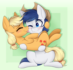 Size: 1240x1200 | Tagged: safe, artist:higglytownhero, derpibooru import, applejack, oc, oc:constance everheart, earth pony, pony, canon x oc, carrying, everjack, female, licking, male, not shining armor, shipping, smiling, straight, tongue out