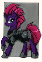 Size: 1133x1639 | Tagged: safe, artist:canvymamamoo, derpibooru import, tempest shadow, pony, unicorn, armor, broken horn, female, horn, mare, solo, traditional art