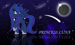 Size: 2000x1200 | Tagged: safe, artist:zibags, princess luna, alicorn, pony, moon, shooting star, solo, wallpaper, wet mane