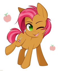 Size: 656x800 | Tagged: safe, artist:higglytownhero, derpibooru import, babs seed, earth pony, pony, adorababs, apple, cute, cute little fangs, fangs, female, filly, food, freckles, one eye closed, open mouth, raised hoof, raised leg, simple background, solo, white background, wink