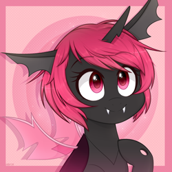 Size: 800x800 | Tagged: safe, artist:higglytownhero, derpibooru import, oc, oc only, changeling, changeling oc, fangs, female, pink changeling, smiling, solo