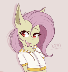 Size: 1412x1500 | Tagged: safe, artist:higglytownhero, derpibooru import, fluttershy, bat pony, semi-anthro, bat ponified, clothes, fangs, female, flutterbat, hoodie, looking sideways, mare, midriff, pink background, race swap, sassy, simple background, slit eyes, smiling, solo, tongue out