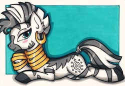 Size: 1646x1132 | Tagged: safe, artist:canvymamamoo, derpibooru import, zecora, zebra, ear piercing, earring, female, jewelry, mare, piercing, solo, traditional art