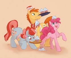 Size: 1000x814 | Tagged: dead source, safe, artist:rollingrabbit, derpibooru import, carrot cake, cup cake, pinkie pie, earth pony, pony, balance, carrying, cupcake, female, food, male, mare, messy, mouth hold, platter, stallion, trio, working