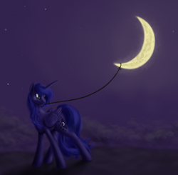 Size: 1000x978 | Tagged: safe, artist:grayma1k, princess luna, alicorn, pony, celestial mechanics, moon, mouth hold, night, pulling, rope, solo, tangible heavenly object