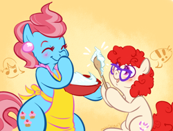 Size: 1040x788 | Tagged: dead source, safe, artist:clovercoin, cup cake, twist, earth pony, pony, apron, bipedal, blushing, bowl, cake, clothes, duo, duo female, female, filly, mare, smiling, spoon