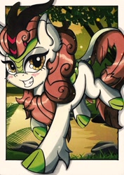 Size: 1447x2048 | Tagged: safe, artist:canvymamamoo, derpibooru import, autumn blaze, kirin, sounds of silence, blushing, complex background, female, grin, looking at you, running, smiling, smiling at you, solo, traditional art