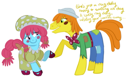 Size: 1049x647 | Tagged: safe, artist:php27, carrot cake, cup cake, luna eclipsed, andy, carrot cup, clothes, colored, costume, crossover, female, male, nightmare night costume, raggedy ann, shipping, straight