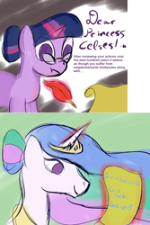 Size: 800x1200 | Tagged: safe, artist:tggeko, princess celestia, twilight sparkle, alicorn, pony, glasses, letter, quill, vulgar