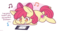 Size: 1530x820 | Tagged: safe, artist:higglytownhero, derpibooru import, apple bloom, earth pony, pony, abstract background, adorabloom, cute, cutie mark, eye clipping through hair, female, filly, music notes, perfect machine, prone, solo, song, song reference, starset, the cmc's cutie marks