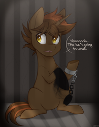 Size: 2032x2600 | Tagged: safe, artist:higglytownhero, derpibooru import, oc, oc only, oc:shadowheart, pony, unicorn, commission, cuffs, dark room, demi-god, golden eyes, handcuffed, high res, incorporeal, jail, male, sarcasm, shadow magic, sitting, solo, stallion