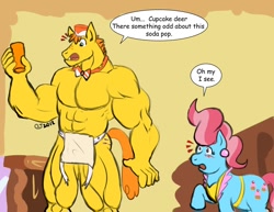 Size: 990x765 | Tagged: safe, artist:caseyljones, carrot cake, cup cake, anthro, earth pony, pony, abs, apron, bare chest, beef cake, blushing, carrot cup, clothes, female, grammar error, male, muscles, open mouth, overdeveloped muscles, partial nudity, pony to anthro, raised hoof, shipping, straight, topless, wide eyes