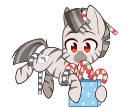 Size: 2000x1750 | Tagged: safe, artist:higglytownhero, derpibooru import, oc, oc only, oc:mcmiag, zebra, box, candy, candy cane, chibi, christmas, cute, food, holiday, red eyes, simple background, solo, sticky note, transparent background