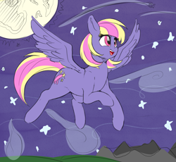 Size: 3649x3361 | Tagged: safe, artist:graphene, artist:sirmasterdufel, oc, oc only, oc:stardrop, pegasus, pony, collaboration, cute, female, flying, mare, night, smiling, solo