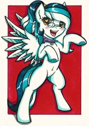 Size: 902x1280 | Tagged: safe, artist:canvymamamoo, derpibooru import, oc, oc:artemis starshine, pony, belly button, bipedal, collar, female, glasses, looking at you, ponytail, smiling