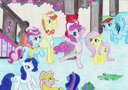 Size: 1024x726 | Tagged: safe, derpibooru import, applejack, carrot cake, cup cake, fluttershy, gummy, pinkie pie, rainbow dash, rarity, spike, twilight sparkle, dragon, earth pony, pegasus, pony, unicorn, alex warlorn, fanfic, fanfic art, mane seven, pony pov series, reharmonized ponies, sugarcube corner