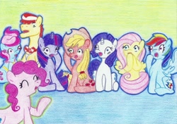 Size: 1024x720 | Tagged: safe, derpibooru import, applejack, carrot cake, cup cake, fluttershy, pinkie pie, rainbow dash, rarity, twilight sparkle, earth pony, pegasus, pony, unicorn, alex warlorn, covering, eyes closed, fanfic, fanfic art, gasp, open mouth, pony pov series, reharmonized ponies, shocked, shocking revelation, sitting, smiling, sugarcube corner, wide eyes