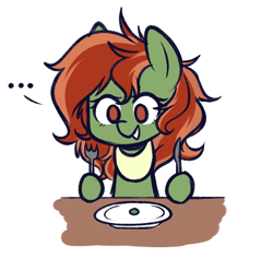 Size: 512x484 | Tagged: safe, artist:higglytownhero, derpibooru import, oc, oc only, oc:withania nightshade, earth pony, original species, plant pony, pony, ..., bib, female, food, fork, knife, mare, pea, plant, plate, silly, table