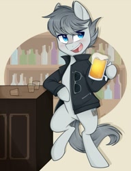 Size: 923x1200 | Tagged: safe, artist:higglytownhero, derpibooru import, oc, oc only, alcohol, bar, beer, bipedal, bipedal leaning, clothes, jacket, leaning, solo, sunglasses