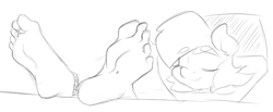 Size: 678x279 | Tagged: safe, artist:sweethd, oc, oc only, oc:honey dip, anthro, plantigrade anthro, anthro oc, barefoot, feet, foot fetish, foot focus, monochrome, simple background, soles, solo, toe ring, toes, white background